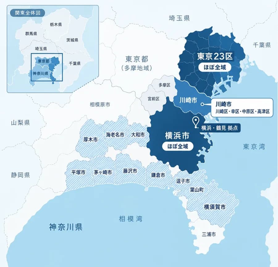 自社便の配送エリア地図。東京23区と横浜市はほぼ全域、川崎市は4区、湘南・三浦半島方面は一部地域